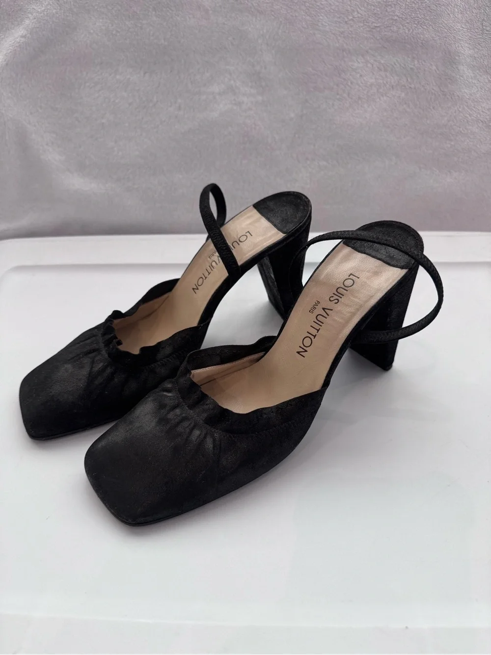 Louis Vuitton Black Suede Square Toe Slingback Heels